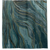 ティール（緑がかった色）ブルー金ゴールド抽象芸術水彩波 シャワーカーテン (正面)