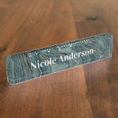 ティール(緑がかった色)ブルー金ゴールド抽象芸術水彩波 デスクネームプレート (側面)