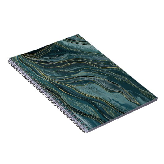 ティール(緑がかった色)ブルー金ゴールド抽象芸術水彩波 ノートブック (右側)