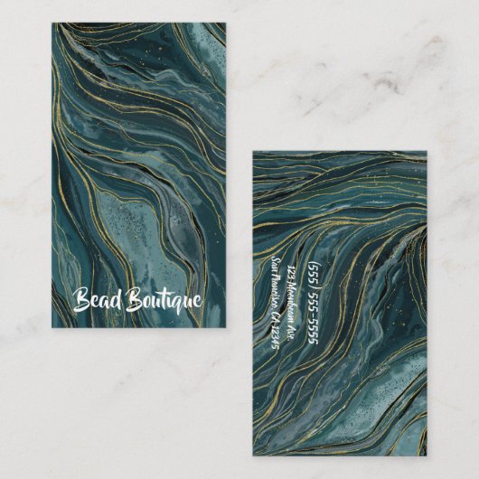 ティール(緑がかった色)ブルー金ゴールド抽象芸術水彩波 名刺 (正面/裏面)