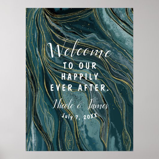 ティール（緑がかった色）ブルー金ゴールド抽象芸術水結婚色のサイン ポスター (正面)