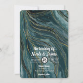ティール（緑がかった色）ブルー金ゴールド抽象芸術水結婚色 招待状 (正面)