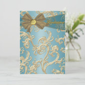 ティール(緑がかった色)ブルー金ゴールド誕生日パーティーテンプレート 招待状 (スタンド正面)