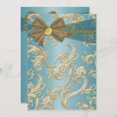 ティール(緑がかった色)ブルー金ゴールド誕生日パーティーテンプレート 招待状 (正面/裏面)