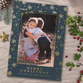 ティール（緑がかった色）ブルー金ゴールド雪エレガント結晶クリスマスフォト 箔シーズンカード
