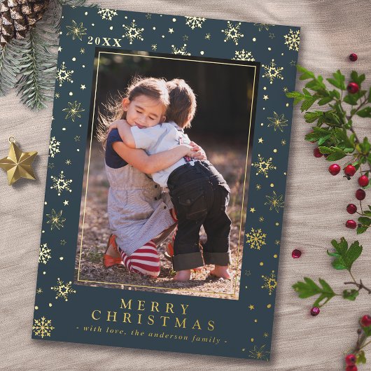 ティール（緑がかった色）ブルー金ゴールド雪エレガント結晶クリスマスフォト 箔シーズンカード