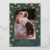 ティール（緑がかった色）ブルー金ゴールド雪エレガント結晶クリスマスフォト 箔シーズンカード (正面)