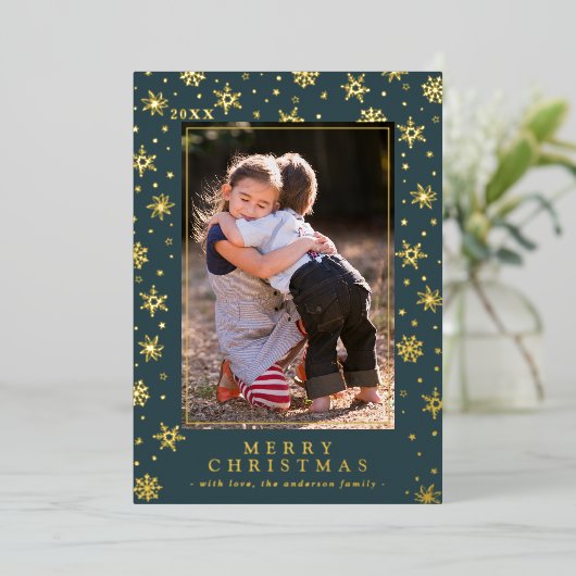 ティール（緑がかった色）ブルー金ゴールド雪エレガント結晶クリスマスフォト 箔シーズンカード (立ち正面)