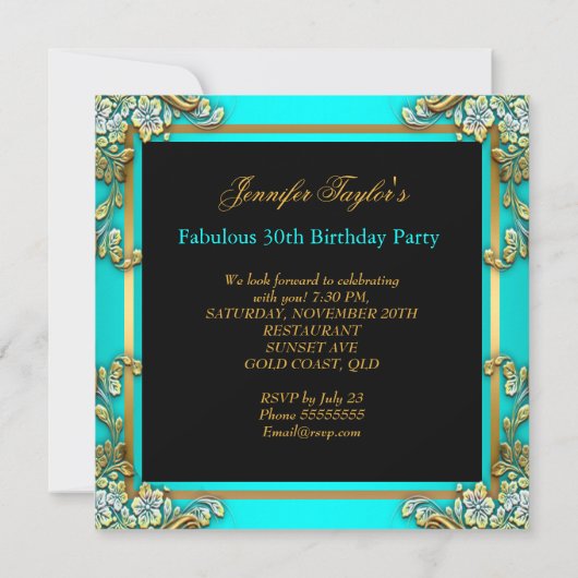 ティール(緑がかった色)ブルー金ゴールド30thハイヒール誕生日パーティー 招待状 (裏面)