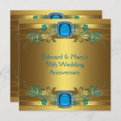 ティール（緑がかった色）ブルー金ゴールド50周年結婚パーティー 招待状 (正面/裏面)