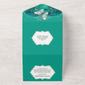 ティール（緑がかった色）ブルー銀蝶ガウンきらめく誕生日 オールインワン招待状 (外側)