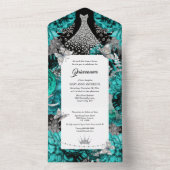 ティール(緑がかった色)ブルー銀蝶ガウンきらめく誕生日 オールインワン招待状 (内側)