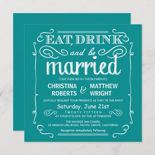 ティール（緑がかった色）·ブルー食べドリンクと結婚式結婚した招待へ 招待状 (正面/裏面)