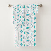 ティール(緑がかった色)ブルー魚釣りシームレスパターンモノグラムのこうもり バスタオルセット (インサイチュ)