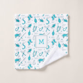 ティール(緑がかった色)ブルー魚釣りシームレスパターンモノグラムのこうもり バスタオルセット (ウォッシュタオル)