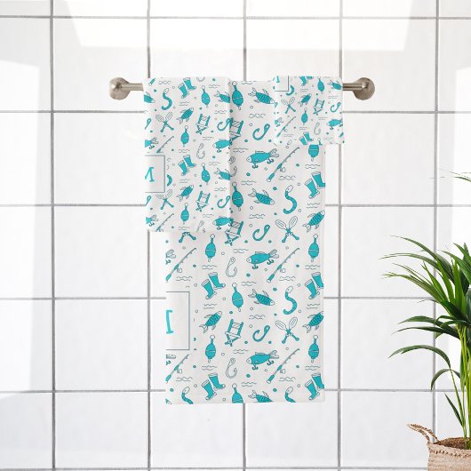 ティール(緑がかった色)ブルー魚釣りシームレスパターンモノグラムのこうもり バスタオルセット