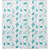 ティール（緑がかった色）ブルー魚釣りシームレスパターンモノグラムの翔 シャワーカーテン (正面)