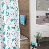 ティール(緑がかった色)ブルー魚釣りシームレスパターンモノグラムの翔 シャワーカーテン