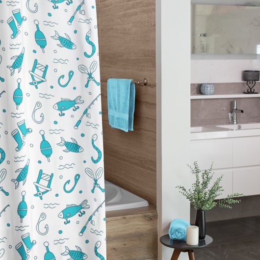 ティール（緑がかった色）ブルー魚釣りシームレスパターンモノグラムの翔 シャワーカーテン