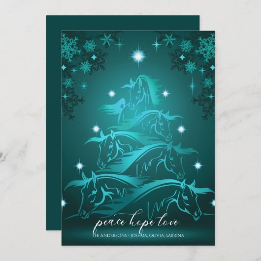 ティール（緑がかった色）ブルー鮮やか抽象芸術クリスマスホース シーズンカード (正面/裏面)