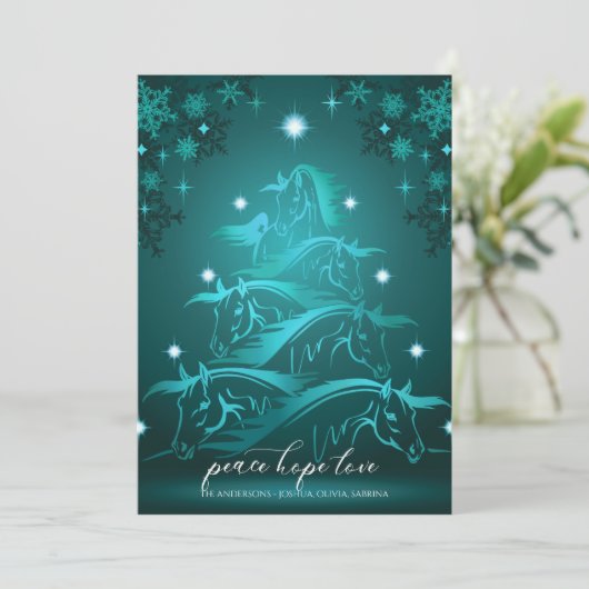 ティール（緑がかった色）ブルー鮮やか抽象芸術クリスマスホース シーズンカード (スタンド正面)