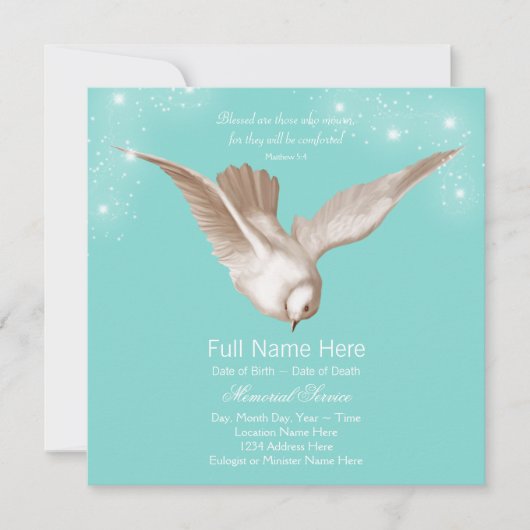 ティール(緑がかった色)ブルー鳩メモリアルサービスのお知らせ 招待状 (正面)