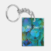 ティール(緑がかった色)ブルー黄色ピンクのアジサイ花ザ・ブライド キーホルダー (正面左)