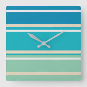 ティール（緑がかった色）ブルー、グリーン、ターコイズストライプ スクエア壁時計 (正面)