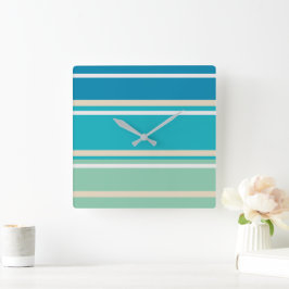 ティール（緑がかった色）ブルー、グリーン、ターコイズストライプ スクエア壁時計