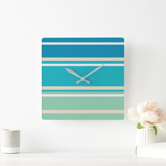 ティール（緑がかった色）ブルー、グリーン、ターコイズストライプ スクエア壁時計 (ホーム)