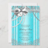 ティール(緑がかった色)ブルー&グレーパールファースト聖餐式 招待状 (正面)