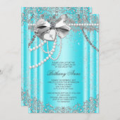 ティール(緑がかった色)ブルー&グレーパールファースト聖餐式 招待状 (正面/裏面)