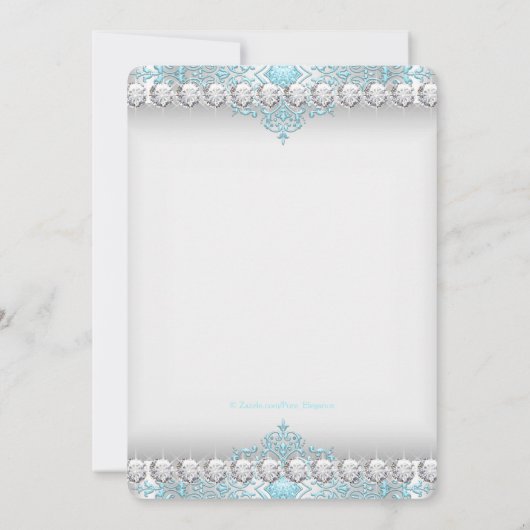 ティール(緑がかった色)ブルー&シルバーダイヤモンドプリンセスキンセアニェラ 招待状 (裏面)