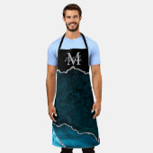 ティール(緑がかった色)ブルー&シルバー大理石瑪瑙 エプロン (着用した状態)