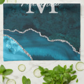 ティール（緑がかった色）ブルー&シルバー大理石瑪瑙 キッチンタオル (折り畳み)