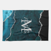ティール（緑がかった色）ブルー&シルバー大理石瑪瑙 キッチンタオル (横)