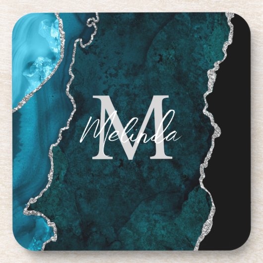 ティール(緑がかった色)ブルー&シルバー大理石瑪瑙 コースター (正面)