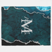 ティール(緑がかった色)ブルー&シルバー大理石瑪瑙 フリースブランケット (正面(横))