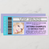 ティール(緑がかった色)ブルー&パープルチケット誕生日パーティー 招待状 (正面/裏面)