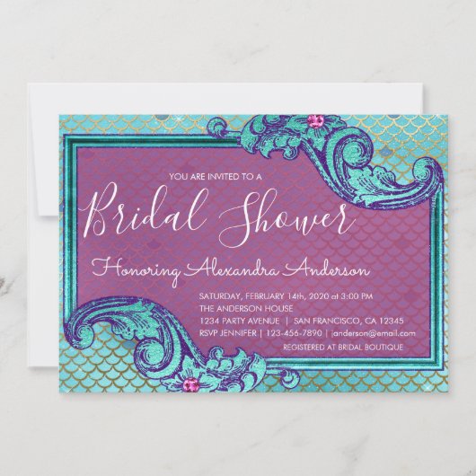 ティール（緑がかった色）ブルー&パープルマーメイドはかりで測ブライダルシャワー 招待状 (正面)