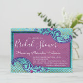 ティール(緑がかった色)ブルー&パープルマーメイドはかりで測ブライダルシャワー 招待状 (スタンド正面)