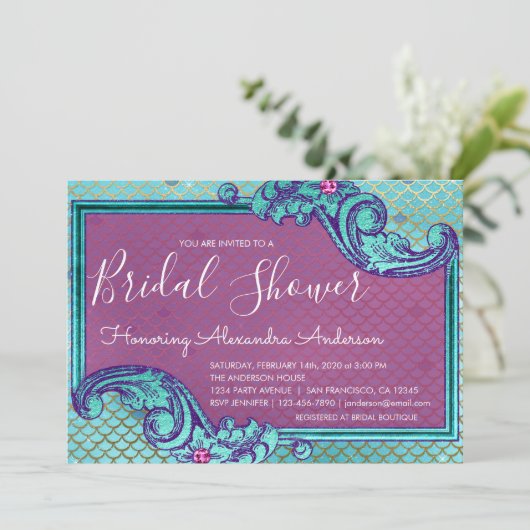 ティール(緑がかった色)ブルー&パープルマーメイドはかりで測ブライダルシャワー 招待状 (スタンド正面)