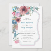 ティール(緑がかった色)ブルー&ピンクウォーターカラーフローラ結婚ズ 招待状 (正面)