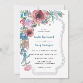 ティール(緑がかった色)ブルー&ピンクウォーターカラーフローラ結婚ズ 招待状