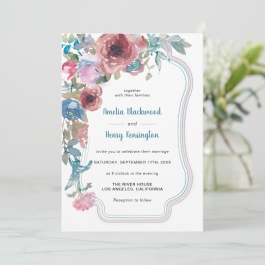 ティール(緑がかった色)ブルー&ピンクウォーターカラーフローラ結婚ズ 招待状 (スタンド正面)