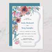 ティール(緑がかった色)ブルー&ピンクウォーターカラーフローラ結婚ズ 招待状 (正面/裏面)