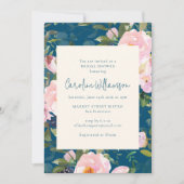 ティール(緑がかった色)ブルー&ピンクボタニカル花模様ブライダルシャワー 招待状 (正面)