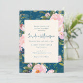 ティール(緑がかった色)ブルー&ピンクボタニカル花模様ブライダルシャワー 招待状 (スタンド正面)