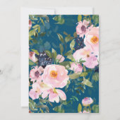 ティール(緑がかった色)ブルー&ピンクボタニカル花模様ブライダルシャワー 招待状 (裏面)