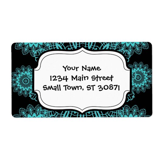ティール（緑がかった色）ブルー&ブラックドリーレーススノーフレークマンダラ ラベル (正面)